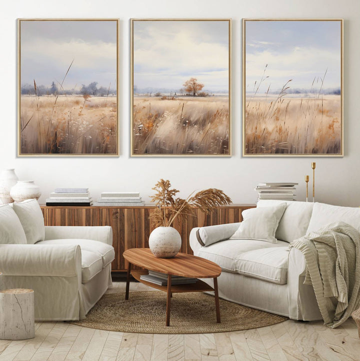58162-MGV-FC-60X30-3P_Natural-Golden Fields Wall Art Print Canvas – Serene Landscape of Nature’s Tranquility in Minimalist for Farmhouse Decor