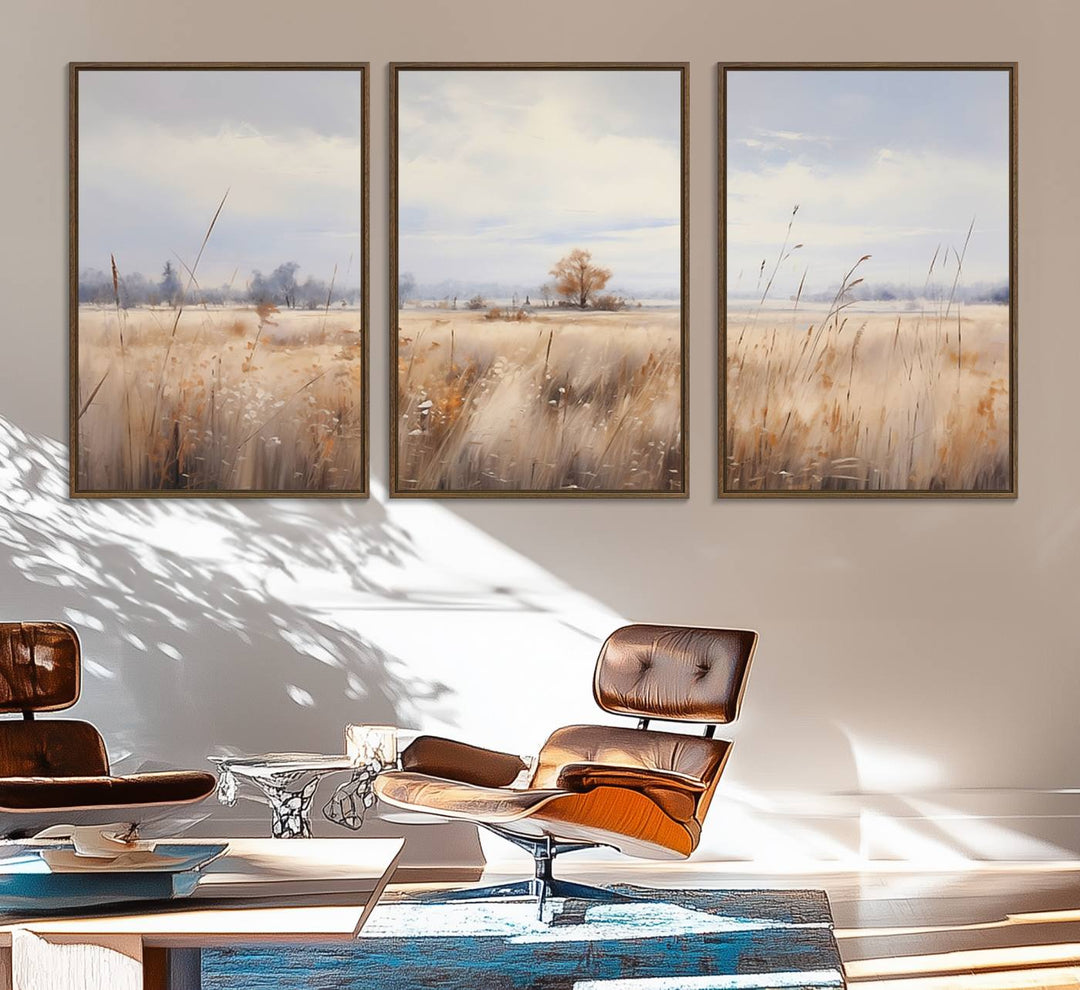 58162-MGV-FC-60X30-3P_Walnut-Golden Fields Wall Art Print Canvas – Serene Landscape of Nature’s Tranquility in Minimalist for Farmhouse Decor
