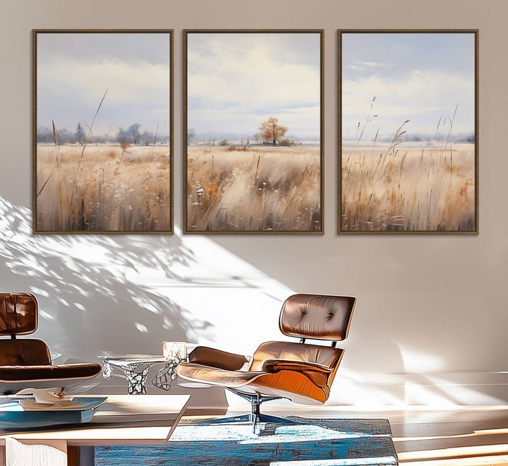 58162-MGV-FC-60X30-3P_Walnut-Golden Fields Wall Art Print Canvas – Serene Landscape of Nature’s Tranquility in Minimalist for Farmhouse Decor