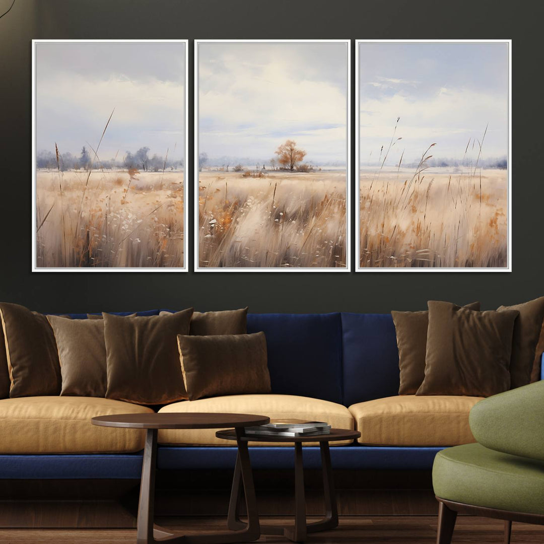 58162-MGV-FC-60X30-3P_White-Golden Fields Wall Art Print Canvas – Serene Landscape of Nature’s Tranquility in Minimalist for Farmhouse Decor