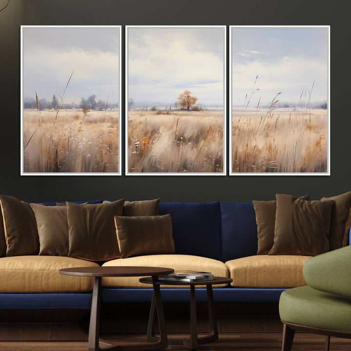 58162-MGV-FC-60X30-3P_White-Golden Fields Wall Art Print Canvas – Serene Landscape of Nature’s Tranquility in Minimalist for Farmhouse Decor