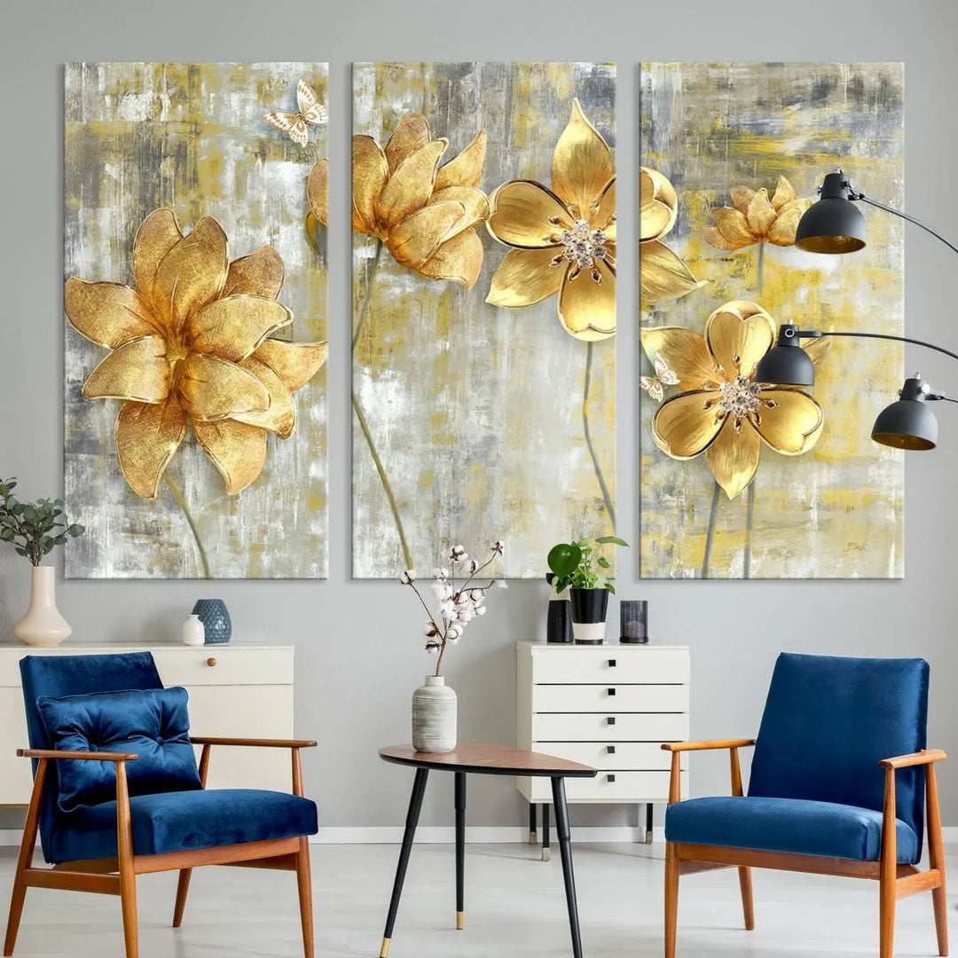 The *Golden Flowers Wall Art Canvas Print*, featuring golden flowers on a textured background and crafted on museum-quality canvas with UV-protective coating, is displayed prominently.