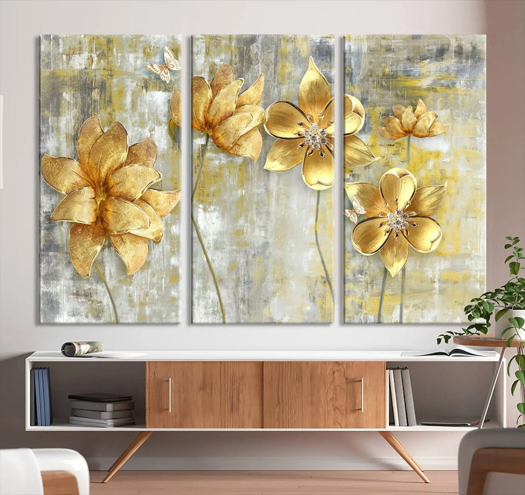 The *Golden Flowers Wall Art Canvas Print*, featuring golden flowers on a textured background and crafted on museum-quality canvas with UV-protective coating, is displayed prominently.