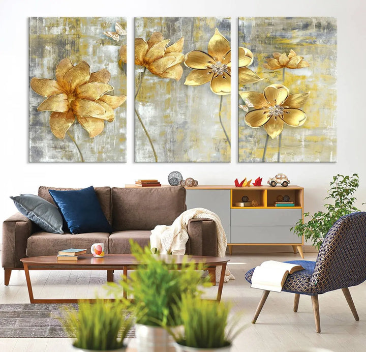 The *Golden Flowers Wall Art Canvas Print*, featuring golden flowers on a textured background and crafted on museum-quality canvas with UV-protective coating, is displayed prominently.