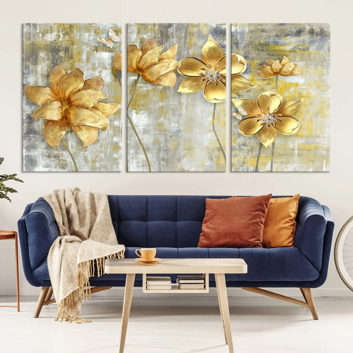 The *Golden Flowers Wall Art Canvas Print*, featuring golden flowers on a textured background and crafted on museum-quality canvas with UV-protective coating, is displayed prominently.