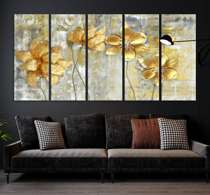 The *Golden Flowers Wall Art Canvas Print*, featuring golden flowers on a textured background and crafted on museum-quality canvas with UV-protective coating, is displayed prominently.