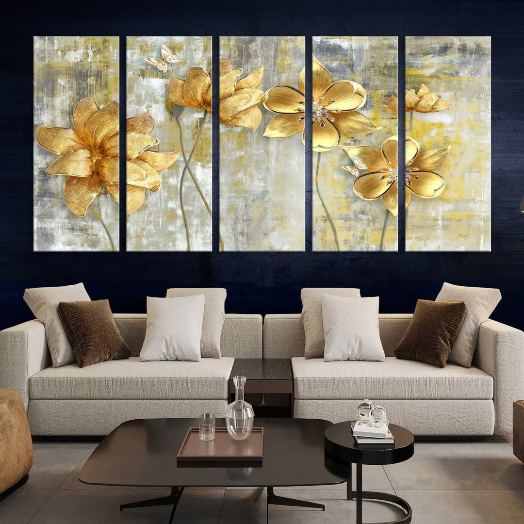 The *Golden Flowers Wall Art Canvas Print*, featuring golden flowers on a textured background and crafted on museum-quality canvas with UV-protective coating, is displayed prominently.