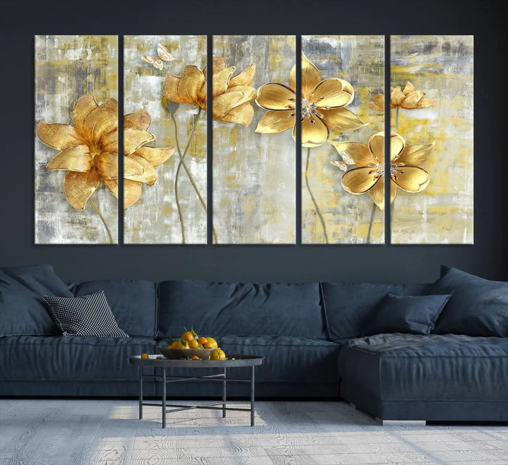 The *Golden Flowers Wall Art Canvas Print*, featuring golden flowers on a textured background and crafted on museum-quality canvas with UV-protective coating, is displayed prominently.