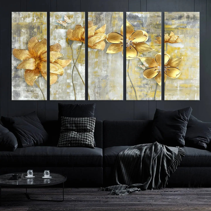 The *Golden Flowers Wall Art Canvas Print*, featuring golden flowers on a textured background and crafted on museum-quality canvas with UV-protective coating, is displayed prominently.