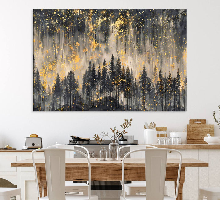 Golden Forest Abstract Wall Art | Dark Forest with Gold Splatter Accents | Triptych Ready to Hang Canvas Print for Modern Home Decor