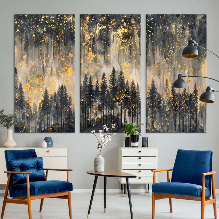 Golden Forest Abstract Wall Art | Dark Forest with Gold Splatter Accents | Triptych Ready to Hang Canvas Print for Modern Home Decor