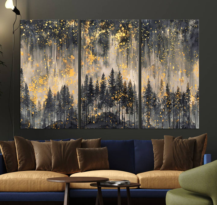 Golden Forest Abstract Wall Art | Dark Forest with Gold Splatter Accents | Triptych Ready to Hang Canvas Print for Modern Home Decor