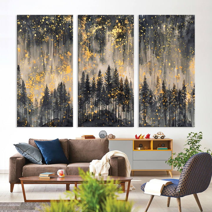 Golden Forest Abstract Wall Art | Dark Forest with Gold Splatter Accents | Triptych Ready to Hang Canvas Print for Modern Home Decor