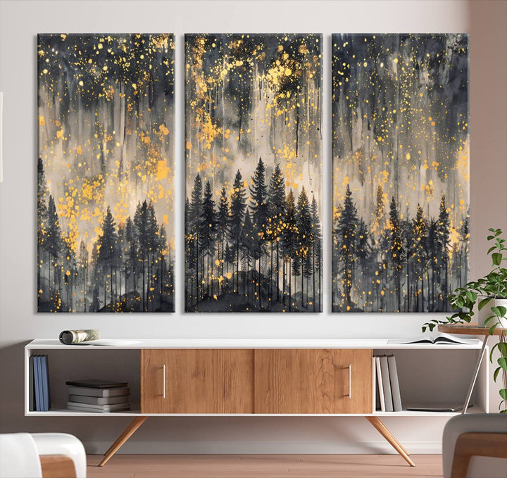 Golden Forest Abstract Wall Art | Dark Forest with Gold Splatter Accents | Triptych Ready to Hang Canvas Print for Modern Home Decor