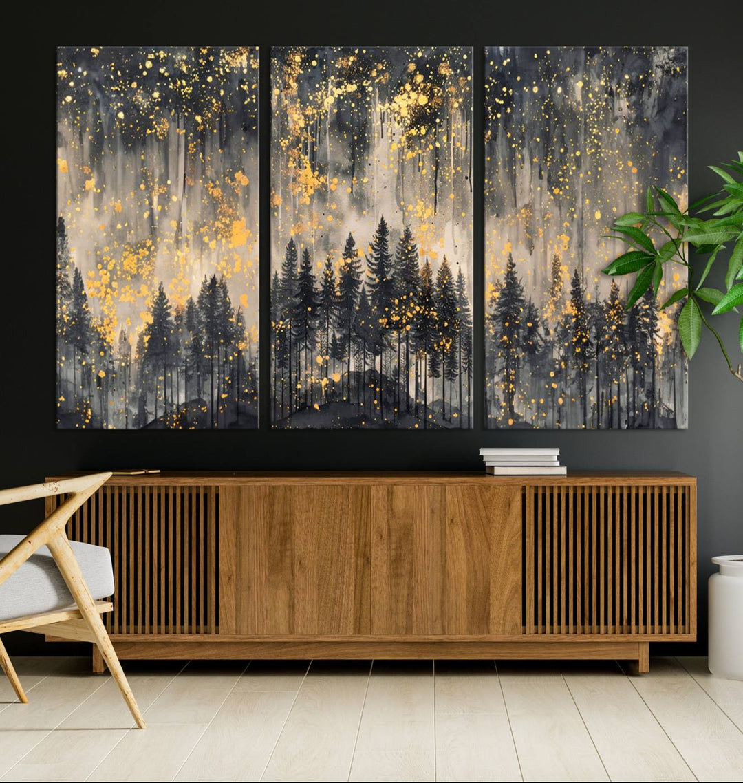 Golden Forest Abstract Wall Art | Dark Forest with Gold Splatter Accents | Triptych Ready to Hang Canvas Print for Modern Home Decor