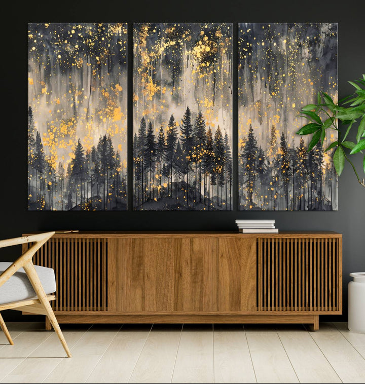 Golden Forest Abstract Wall Art | Dark Forest with Gold Splatter Accents | Triptych Ready to Hang Canvas Print for Modern Home Decor