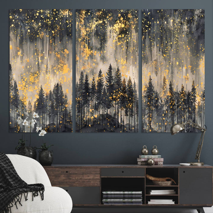 Golden Forest Abstract Wall Art | Dark Forest with Gold Splatter Accents | Triptych Ready to Hang Canvas Print for Modern Home Decor