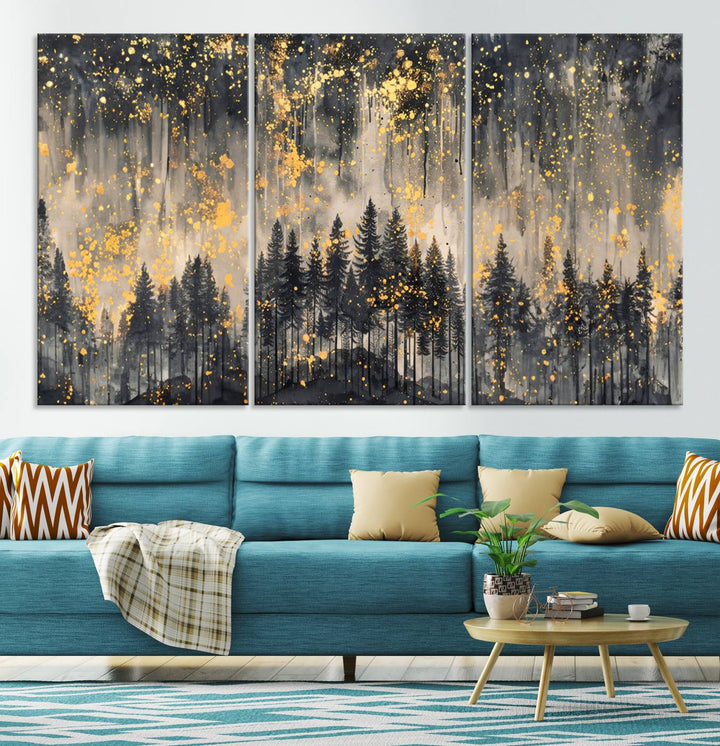 Golden Forest Abstract Wall Art | Dark Forest with Gold Splatter Accents | Triptych Ready to Hang Canvas Print for Modern Home Decor