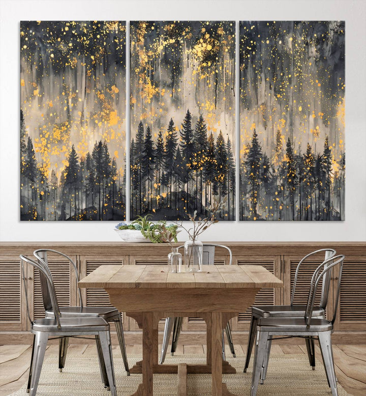 Golden Forest Abstract Wall Art | Dark Forest with Gold Splatter Accents | Triptych Ready to Hang Canvas Print for Modern Home Decor