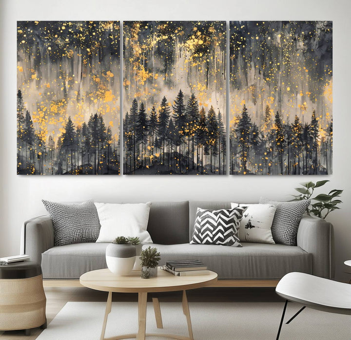 Golden Forest Abstract Wall Art | Dark Forest with Gold Splatter Accents | Triptych Ready to Hang Canvas Print for Modern Home Decor