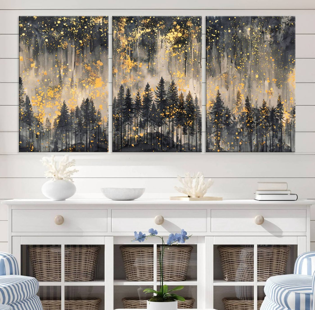 Golden Forest Abstract Wall Art | Dark Forest with Gold Splatter Accents | Triptych Ready to Hang Canvas Print for Modern Home Decor