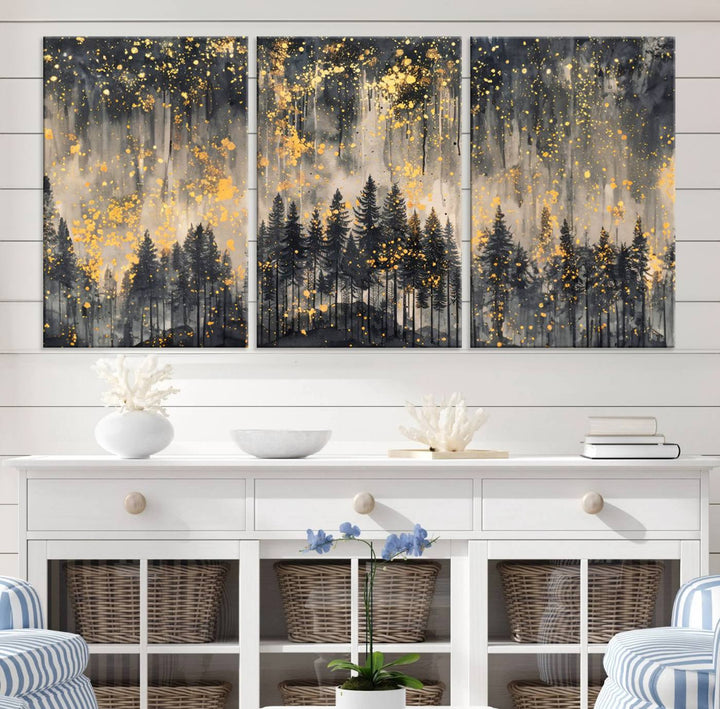 Golden Forest Abstract Wall Art | Dark Forest with Gold Splatter Accents | Triptych Ready to Hang Canvas Print for Modern Home Decor