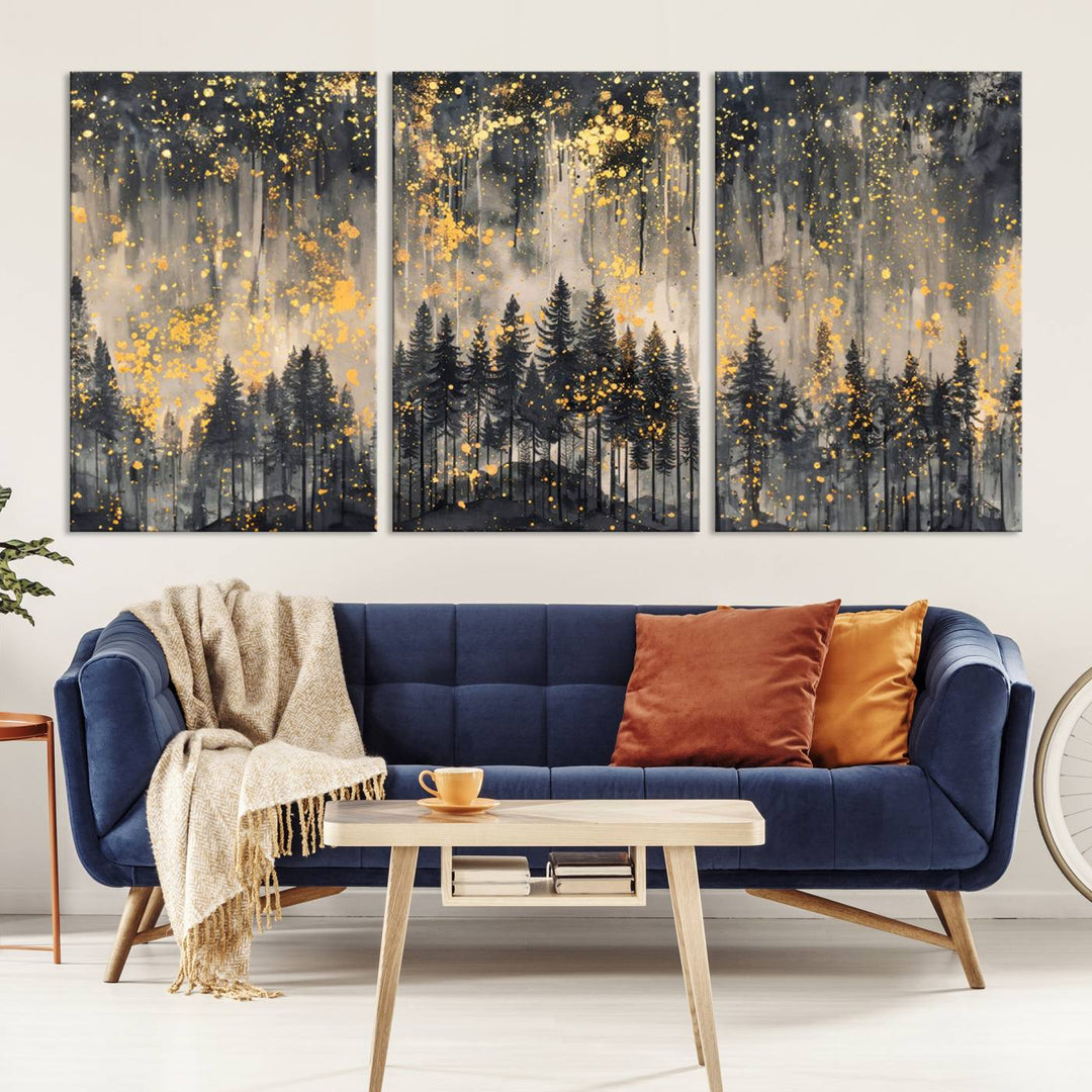 Golden Forest Abstract Wall Art | Dark Forest with Gold Splatter Accents | Triptych Ready to Hang Canvas Print for Modern Home Decor