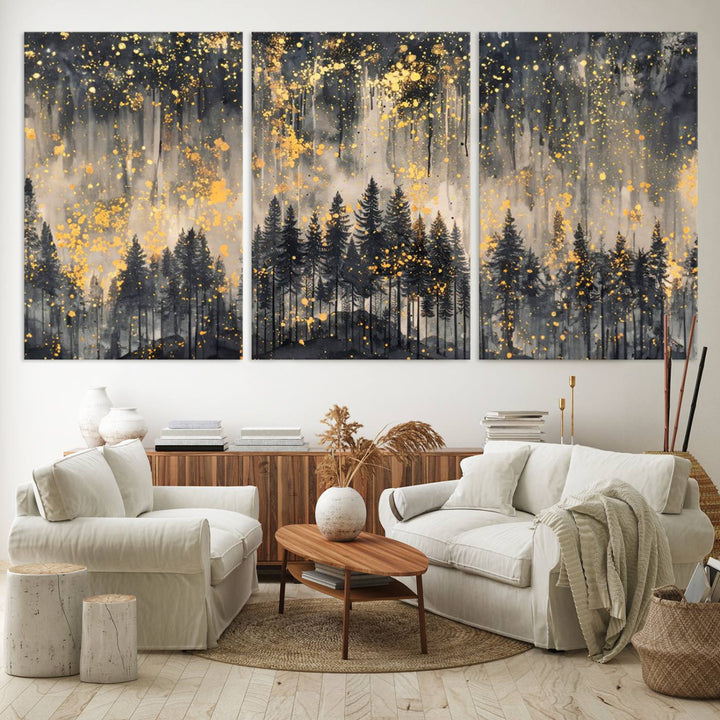 Golden Forest Abstract Wall Art | Dark Forest with Gold Splatter Accents | Triptych Ready to Hang Canvas Print for Modern Home Decor