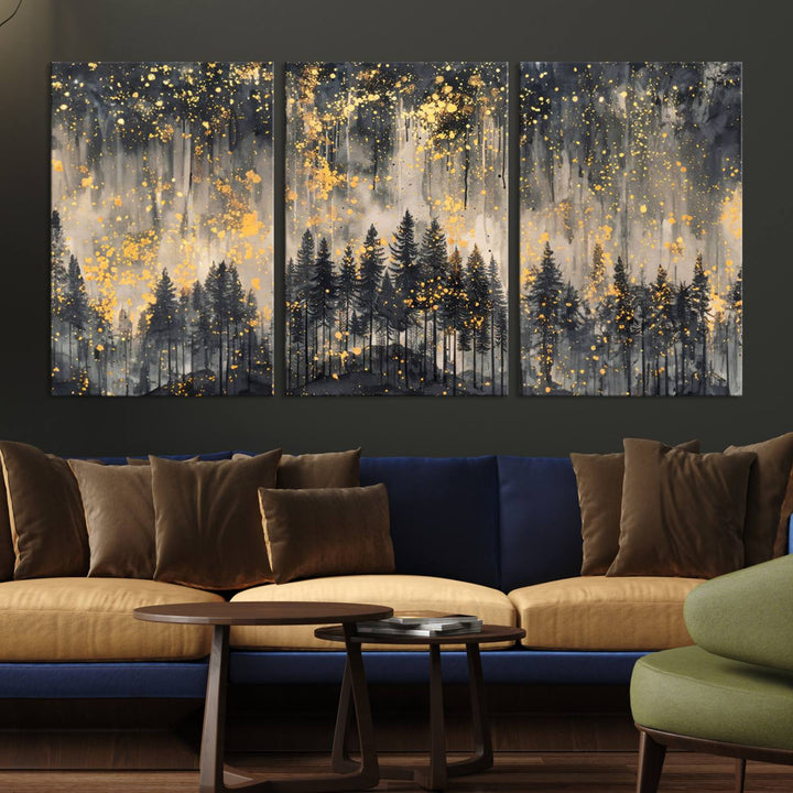 46049-MGV-CV-36X24-Golden Forest Abstract Wall Art | Dark Forest with Gold Splatter Accents | Triptych Ready to Hang Canvas Print for Modern Home Decor