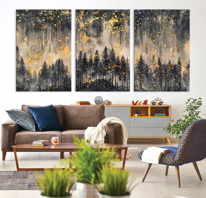 46049-MGV-CV-36X24-Golden Forest Abstract Wall Art | Dark Forest with Gold Splatter Accents | Triptych Ready to Hang Canvas Print for Modern Home Decor
