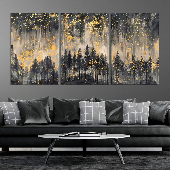 46049-MGV-CV-36X24-Golden Forest Abstract Wall Art | Dark Forest with Gold Splatter Accents | Triptych Ready to Hang Canvas Print for Modern Home Decor
