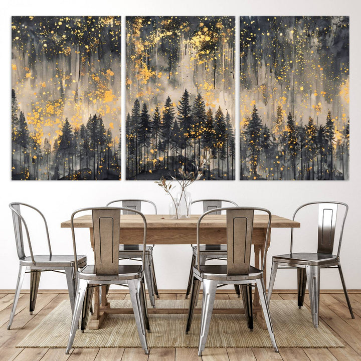 46049-MGV-CV-36X24-Golden Forest Abstract Wall Art | Dark Forest with Gold Splatter Accents | Triptych Ready to Hang Canvas Print for Modern Home Decor
