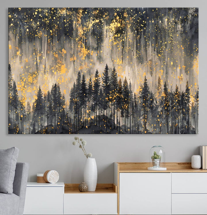 Golden Forest Abstract Wall Art | Dark Forest with Gold Splatter Accents | Triptych Ready to Hang Canvas Print for Modern Home Decor