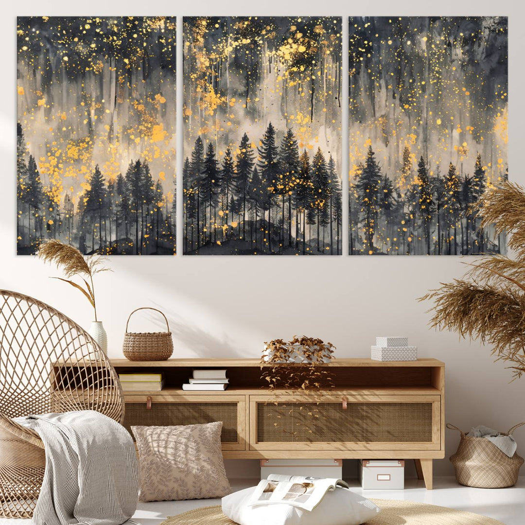 46049-MGV-CV-36X24-Golden Forest Abstract Wall Art | Dark Forest with Gold Splatter Accents | Triptych Ready to Hang Canvas Print for Modern Home Decor