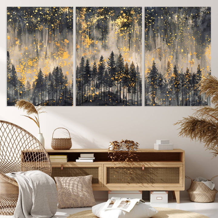 46049-MGV-CV-36X24-Golden Forest Abstract Wall Art | Dark Forest with Gold Splatter Accents | Triptych Ready to Hang Canvas Print for Modern Home Decor