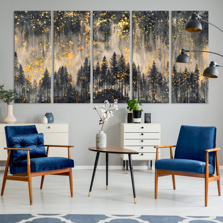 46049-MGV-CV-36X24-Golden Forest Abstract Wall Art | Dark Forest with Gold Splatter Accents | Triptych Ready to Hang Canvas Print for Modern Home Decor