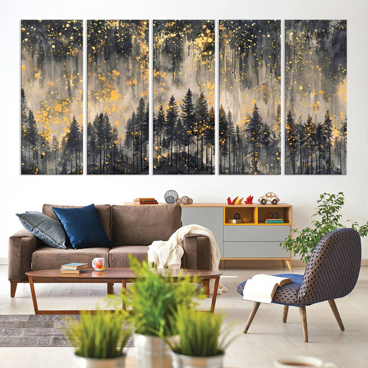 46049-MGV-CV-36X24-Golden Forest Abstract Wall Art | Dark Forest with Gold Splatter Accents | Triptych Ready to Hang Canvas Print for Modern Home Decor