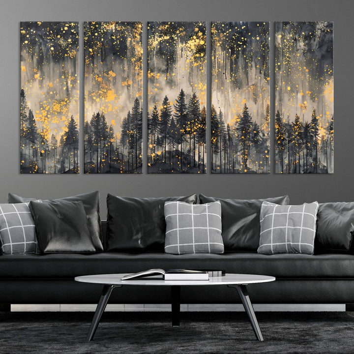 46049-MGV-CV-36X24-Golden Forest Abstract Wall Art | Dark Forest with Gold Splatter Accents | Triptych Ready to Hang Canvas Print for Modern Home Decor