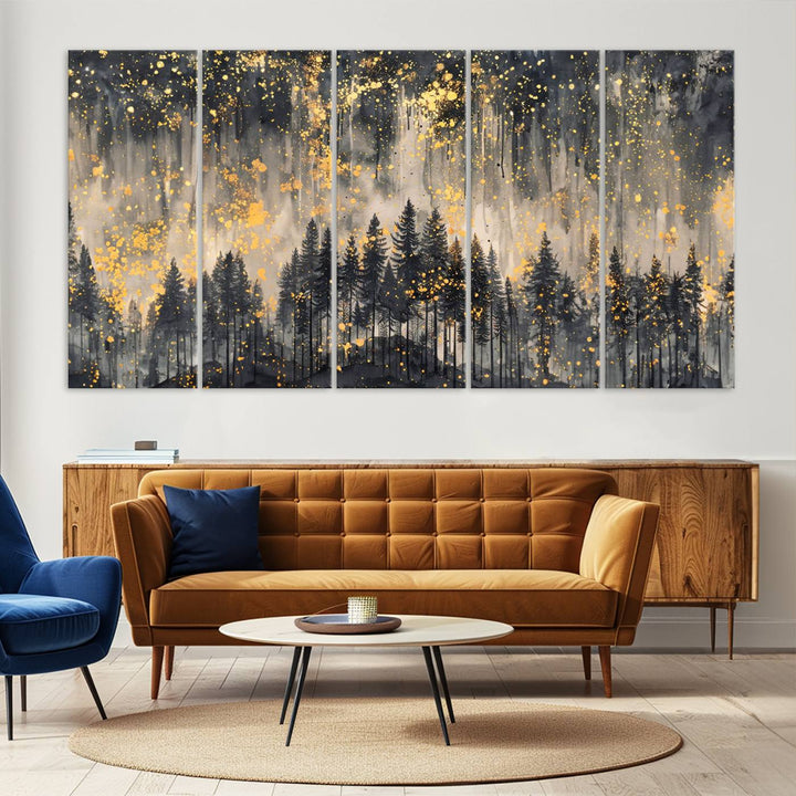 46049-MGV-CV-36X24-Golden Forest Abstract Wall Art | Dark Forest with Gold Splatter Accents | Triptych Ready to Hang Canvas Print for Modern Home Decor