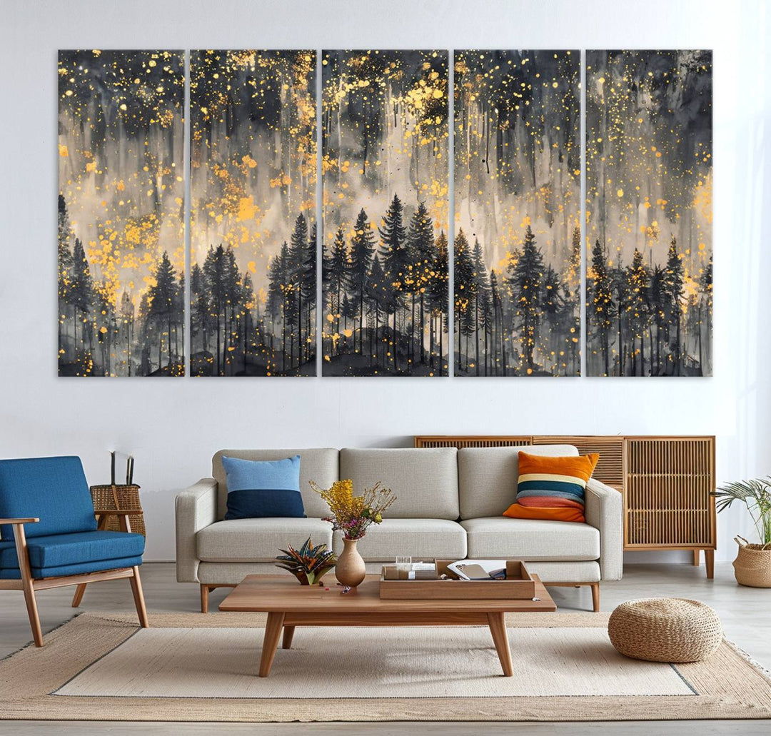 46049-MGV-CV-36X24-Golden Forest Abstract Wall Art | Dark Forest with Gold Splatter Accents | Triptych Ready to Hang Canvas Print for Modern Home Decor