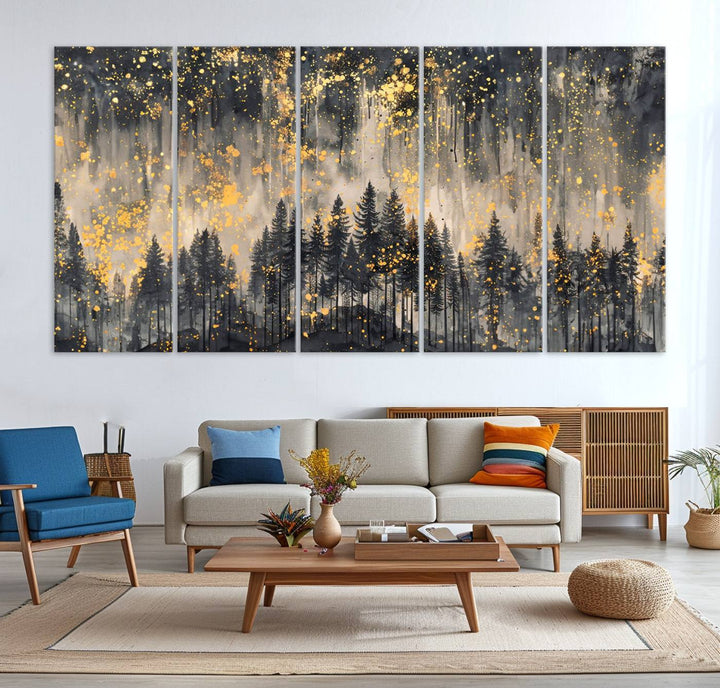 46049-MGV-CV-36X24-Golden Forest Abstract Wall Art | Dark Forest with Gold Splatter Accents | Triptych Ready to Hang Canvas Print for Modern Home Decor