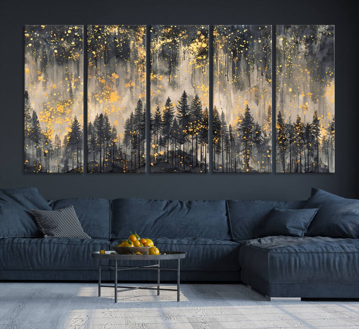 46049-MGV-CV-36X24-Golden Forest Abstract Wall Art | Dark Forest with Gold Splatter Accents | Triptych Ready to Hang Canvas Print for Modern Home Decor