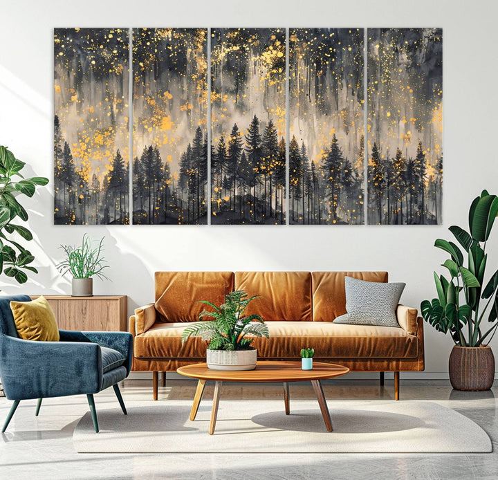 46049-MGV-CV-36X24-Golden Forest Abstract Wall Art | Dark Forest with Gold Splatter Accents | Triptych Ready to Hang Canvas Print for Modern Home Decor