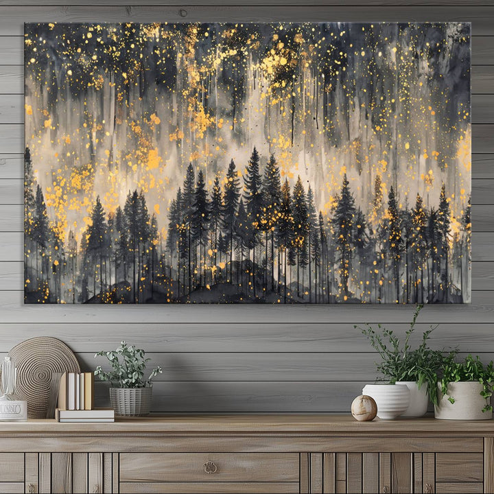 Golden Forest Abstract Wall Art | Dark Forest with Gold Splatter Accents | Triptych Ready to Hang Canvas Print for Modern Home Decor