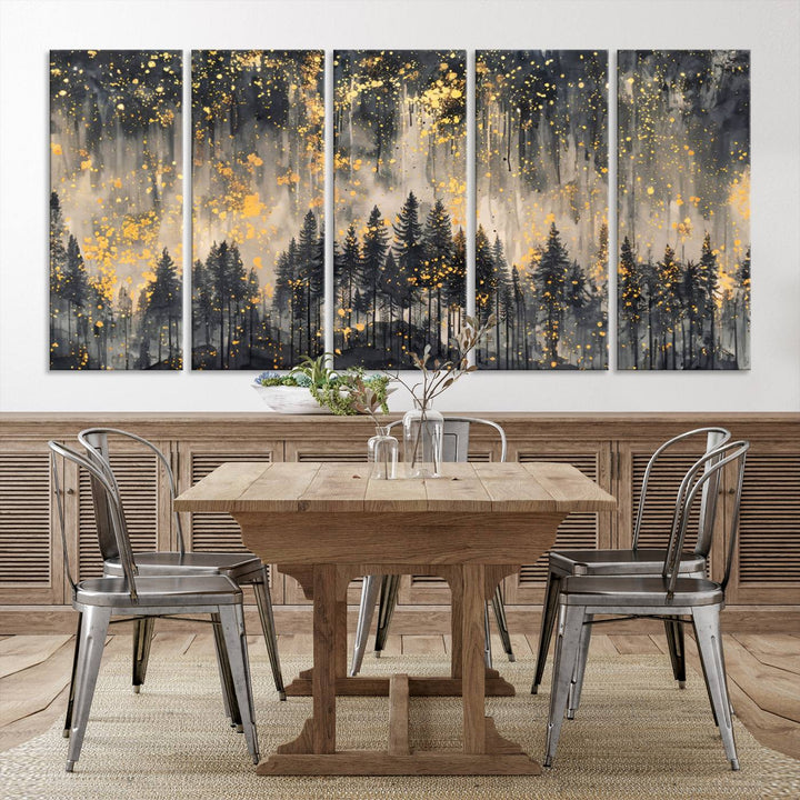 46049-MGV-CV-36X24-Golden Forest Abstract Wall Art | Dark Forest with Gold Splatter Accents | Triptych Ready to Hang Canvas Print for Modern Home Decor