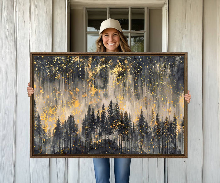 46049-MGV-CV-36X24-Golden Forest Abstract Wall Art | Dark Forest with Gold Splatter Accents | Triptych Ready to Hang Canvas Print for Modern Home Decor