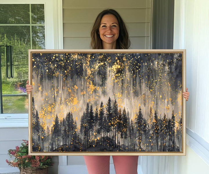 46049-MGV-CV-36X24-Golden Forest Abstract Wall Art | Dark Forest with Gold Splatter Accents | Triptych Ready to Hang Canvas Print for Modern Home Decor