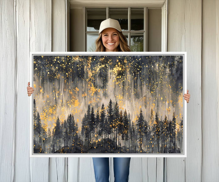 46049-MGV-CV-36X24-Golden Forest Abstract Wall Art | Dark Forest with Gold Splatter Accents | Triptych Ready to Hang Canvas Print for Modern Home Decor