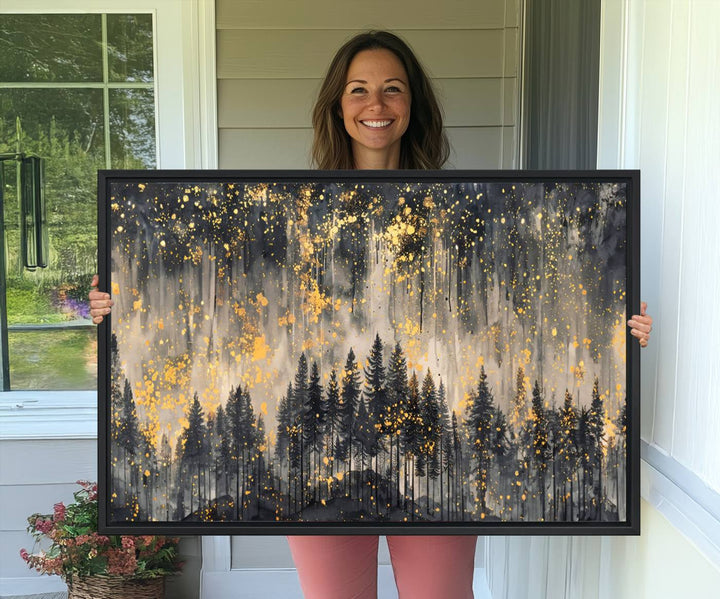 46049-MGV-CV-36X24-Golden Forest Abstract Wall Art | Dark Forest with Gold Splatter Accents | Triptych Ready to Hang Canvas Print for Modern Home Decor