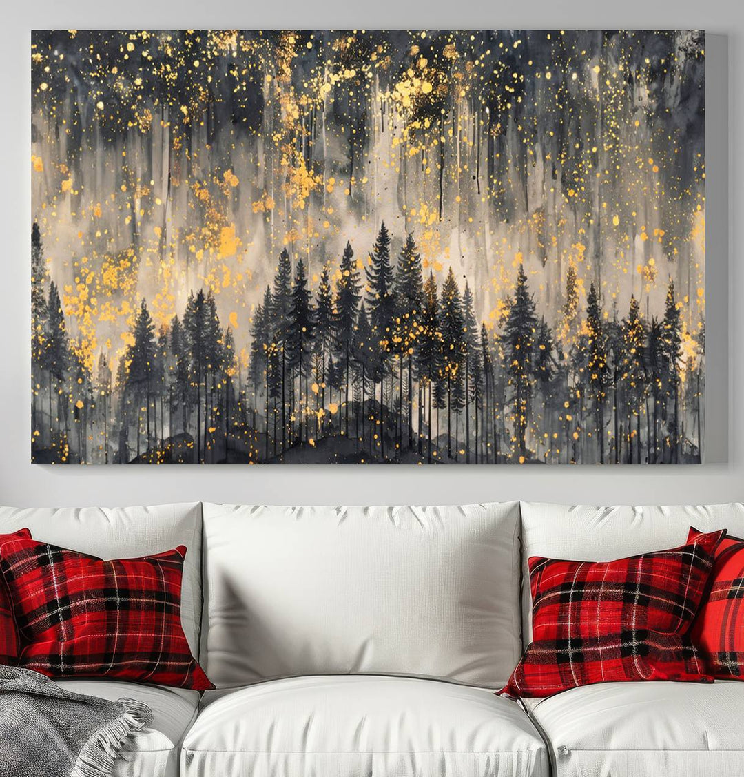 Golden Forest Abstract Wall Art | Dark Forest with Gold Splatter Accents | Triptych Ready to Hang Canvas Print for Modern Home Decor